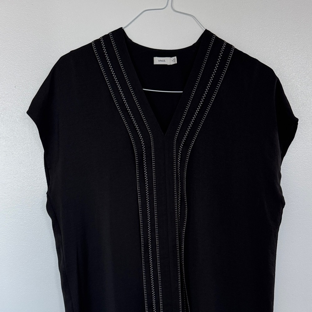 Vince Black V-Neck Tunic with White Contrast Stitching